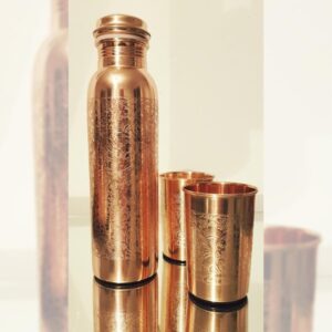 Gift set: Pure copper bottle (900ml) + 2 cups, flower engraved